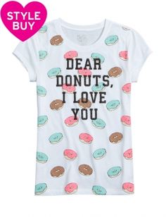 Donut Graphic Tee- They don't have it in my size :( Donut Graphic, Shop Justice, Cute Graphic Tees, Girls Graphic Tee, Graphic Tee Design, Graphic Tops, Clothes Shop, Basic Tops, Graphic Tee Shirts