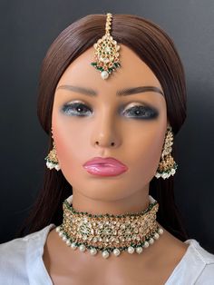 Green Fine Kundan Indian Bridal Choker, Wedding necklace, Fine kundan jewelry, Pakistani Jewelry, Indian Jewelry, Bridal Jewelry Gold-plated foiled Kundan necklace set.  Regular Size And Adjustable Ships from California, USA Delivery in 2-5 business days in the USA. Other designs can be found here https://www.etsy.com/listing/1381240765/premium-quality-gold-plated-silver?click_key=e1a9e46c1ba3dcb2d7ddeb00610b709b7497bd62%3A1381240765&click_sum=5b5797e9&ref=shop_home_active_511&pro=1&frs=1&sts=1 Kundan Choker With Pallu For Wedding, Kundan Choker For Wedding And Festivals, Green Kundan Choker For Wedding, Kundan Necklace With Pallu For Weddings, Kundan Choker With Cutdana For Wedding, Kundan Meenakari Choker For Wedding, Indian Bridal Choker, Jewelry Pakistani, Kundan Necklace Set