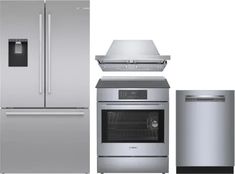 stainless steel kitchen appliances including refrigerator, stove and dishwasher