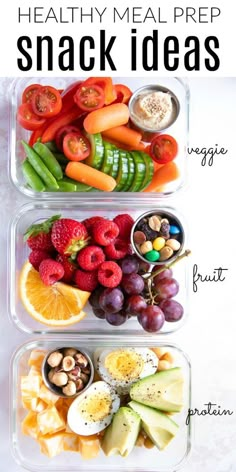 two plastic containers filled with food and the words healthy meal prep snack ideas on top