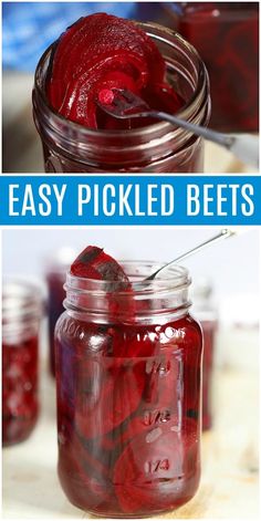 jars filled with pickled beets sitting on top of a table