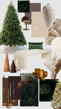 a collage of christmas decorations, trees, and other items in shades of green