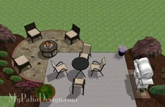 an aerial view of a patio and fire pit