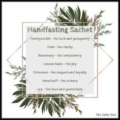 a poster with the words handfasting sachett in white and green leaves