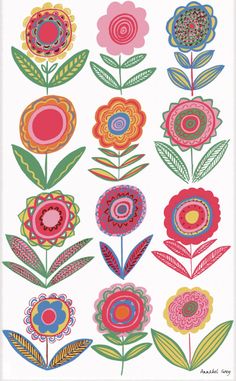 an illustration of flowers with different colors and designs on the stems, in various sizes