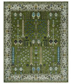 Ready to Ship 8x10 Hand Knotted Green and Ivory Traditional Wool Area Rug | TRDCP1617810S - The Rug Decor Royal Green, Turkish Style, Heriz Rugs, Big Rugs, Layered Rugs, Area Rug Sizes, Motif Vintage, 8x10 Rugs, Hand Tufted Rugs