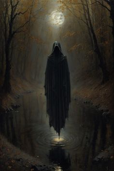 a painting of a hooded figure standing in the middle of a dark forest with water