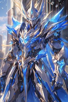 an animated character with blue and silver hair standing in front of a cityscape