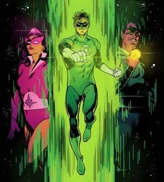 the green lantern and his friends are running in front of an image of neon colors