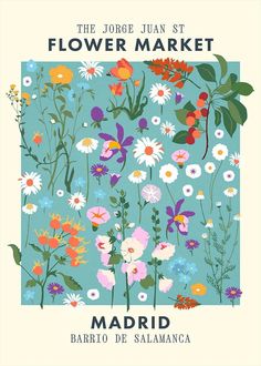 a poster with flowers and plants in the center, on a blue background that says flower market