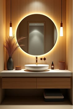 Zen bathroom vanity with backlit mirror and bamboo accents Dining Wash Basin Ideas, Wash Basin Light Ideas, Washroom Vanity Designs, Bathroom Lighting Ideas Vanities, Bathroom Illumination, Bathroom Vanity Lighting Ideas, Wash Basin Ideas, Vanity Lighting Ideas, Washroom Designs