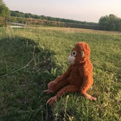 a stuffed monkey is sitting in the grass