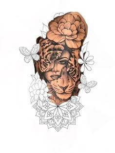 a drawing of a tiger with flowers on it's head