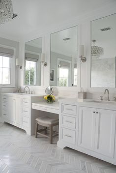 Double Vanity Bathroom Ideas With Makeup Area, Double Sink With Vanity In Middle Master Bathrooms, Master Bath Ideas White Cabinets, Long Bathroom Vanity With Makeup Area, Dream Home Master Bath, Lights For Master Bath, 2 Toilets In Master Bath, Master Bath Double Vanity With Makeup Area, Vanity With Makeup Area Double