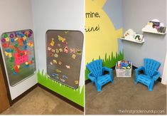 there are two chairs in the children's playroom, one is blue and the other is green