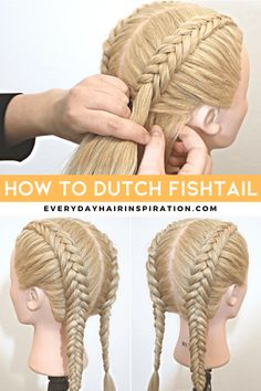 Easy Double Dutch Fishtail Braid For Beginners - Everyday Hair inspiration Hair Braids Tutorials Easy, How To Double Dutch Braid Your Own Hair, Double Fishtail Braid Tutorial, Dutch Fishtail Braid Tutorial, Double Dutch Fishtail Braid, Fishtail Dutch Braid