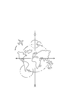 a black and white drawing of an airplane flying around the world on a map with arrows pointing in different directions