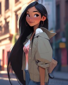 Modern Pocahontas, wearing jeans, Disney Princess Pocahontas Modern, Modern Pocahontas, Modern Disney Princess, Disney Anime Style, Modern Disney Characters, Portraits Art, Disney Princess Modern, Digital Portrait Art