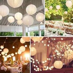 white paper lanterns are hanging from the ceiling, and tables with chairs set up under them