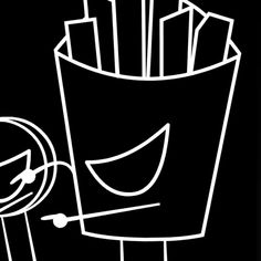 a black and white drawing of french fries with a magnifying glass next to it