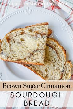 two slices of brown sugar cinnamon sourdough bread on a white plate