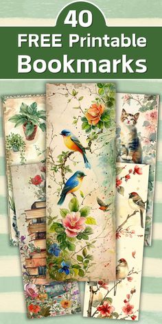 the front cover of 40 free printable bookmarks with birds and flowers on them