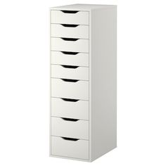 a tall white cabinet with five drawers on each side and four black bins at the bottom