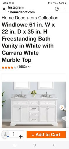 a white bathroom vanity sitting on top of a counter next to two sinks and a mirror