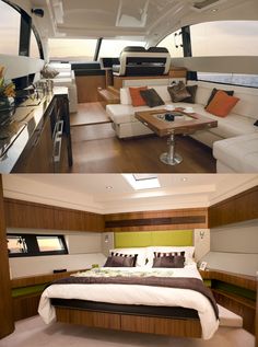 there are two pictures of a bedroom and living room in a boat that is on display