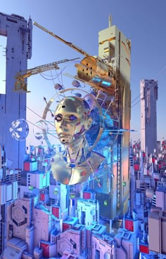 a futuristic city with lots of tall buildings and an image of a man's face