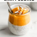 there is a small glass jar filled with food and the words chia pudding on it