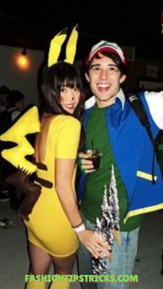 two people dressed up as pokemon and pikachu pose for a photo at an event