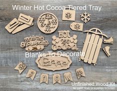 wooden cutouts with the words winter hot cocoa themed tray