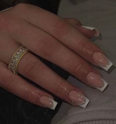 French Tip Nails Gilter, Nails French Tip With Glitter, White Glitter Nails French Tips, French Tip Acrylic Nails With Glitter, French And Glitter Nails, White Sparkly French Tips, Nails For Formal, Ballerina French Tip Nails, Square Glitter Nails