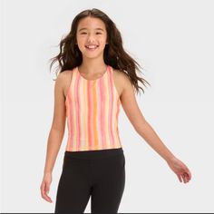 Girls' Cropped Tank Top - All In Motion Light Orange M Sporty Tops For School In Summer, Sporty Tops For Summer School, Sporty Summer Tops For School, Pink Sleeveless School Top, Sleeveless Pink School Top, Sleeveless Pink Top For School, Pink Tank Top For Spring Playwear, Cute Pink Tank Top For Playwear, Summer School Stretch Top