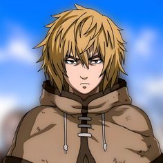 an anime character with blonde hair wearing a brown coat and black pants, looking at the camera