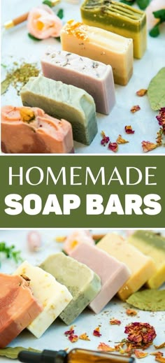 homemade soap bars with flowers and herbs on them