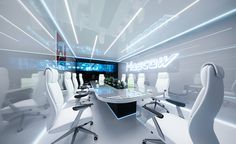 a conference room with white chairs and lights