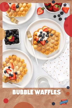 the cover of bubble waffles with fruit and berries on top, along with other breakfast foods