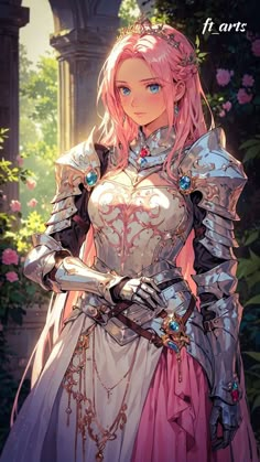 a woman dressed in armor with pink hair and blue eyes, standing next to flowers