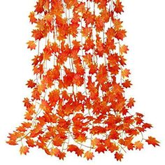 an arrangement of orange leaves hanging from the ceiling in front of a white background,