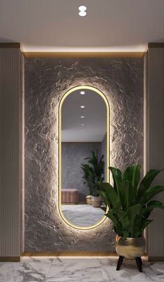 a large mirror sitting on the side of a wall next to a potted plant