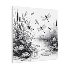 a black and white drawing of dragonflies flying over water lilies with lily pads in the foreground