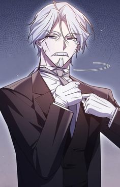 an anime character with white hair wearing a black suit and holding his tie up to his chest