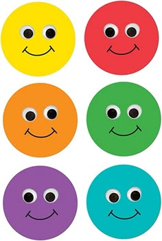 six different colored smiley faces with black eyes