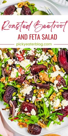 roasted beetroot and feta salad on a white plate with text overlay