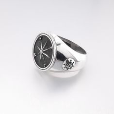 ✴ AWESOME Compass silver ring for Man or woman. 📜Handmade sterling silver ring with special black patent finishing. ✍ Designed and Created by Babuco Jewellery Athens. Impressive Medieval ring. 📐18.0mm in diameter. ⚖ Ring's weight 11.0gr. ☸ Nautical equipment, great explorer's accessory, travelers' gift, a journeys Lovers ring! ♻ Recycled item. 💍 A perfect gift for yourself! Available also in pendant with adjustable cotton cord! 🎁 Gift box is included! 🙂 Thank you for stopping by. ✈You need Medieval Ring, Compass Ring, Ring For Man, Medieval Rings, Silver Jewelry Cleaner, Ring Man, Handmade Sterling Silver Rings, Greek Jewelry, Cotton Cord