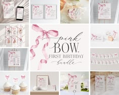 the pink bow first birthday suite is displayed in many different photos and font styles, including cupcakes