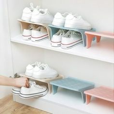 Description: You can place your shoes on the double shelf shoe organizer, and it is practical and space-saving. Due to anti-slip texture and baffle designs, this shelf is suitable for various types of shoes and can effectively prevent shoes from sliding down. Made from PP material, the product is durable to use. The length of the shoe organizer is 25cm, the width is 20.5cm, the height is 12.5cm. It is suitable for home, hotel, indoor, kitchen, et Shoe Holder For Closet, Shoe Shelves, Shoe Holders, Creative Shoes