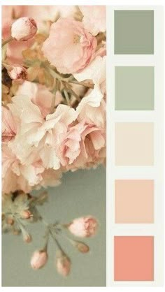 a bouquet of pink flowers sitting on top of a table next to a color swatch